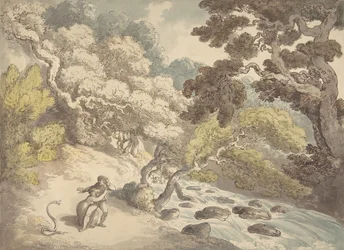 Landschaft mit reißendem Bach und einem Paar am Ufer, erschrocken von einer Schlange