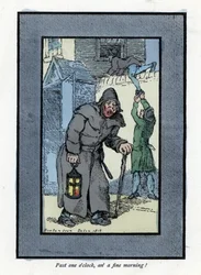 Nachtwächter mit seiner Laterne und seinem Stock, unaufmerksam gegenüber zwei Einbrechern, die ein Haus betreten (1819). Holzstich, basierend auf einem Gemälde von Thomas Rowlandson (1756-1827), veröffentlicht in The Cris of London.