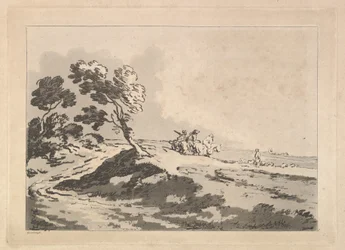Offene Landschaft mit drei Reitern in der mittleren Entfernung, die nach rechts reiten