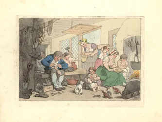 Schuster aus der Regency-Zeit, der in einem überfüllten Raum Schuhe repariert