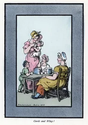 Sitzende Frau verkauft Wachtelmilch und Milch an eine Mutter und Kinder (1819). Holzstich nach einem Gemälde von Thomas Rowlandson, veröffentlicht in 