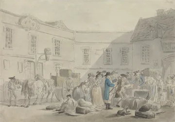 Das Zollhaus in Boulogne - verso: Graphitskizze von Pferden, Kutschen und Gebäuden
