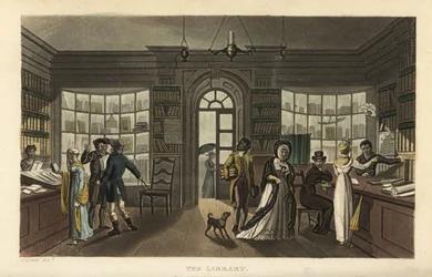 Die Bibliothek. Kunden, darunter eine Frau und ihr schwarzer Diener, betrachten neue Bücher in einer Leihbibliothek. Handkolorierter Kupferstich von Thomas Rowlandson nach einer Skizze von J. Green aus Poetical Sketches of Scarborough, Ackermann, London