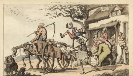 Der Tod und der alte Mann Zeit kommen, um den alten Ehemann von Goody Barton zu holen, aber der Wagen ist bereits voller Leichen. Handkolorierte Kupferplatte, gezeichnet und graviert von Thomas Rowlandson aus The English Dance of Death, Ackermann, London