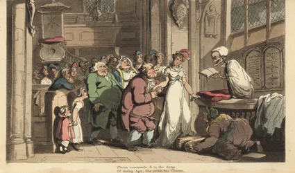 Der Tod als Priester feiert die Hochzeit zwischen einer jungen Frau und einem hässlichen alten Mann. Handkolorierter Kupferstich von Thomas Rowlandson aus The English Dance of Death, Ackermann, London