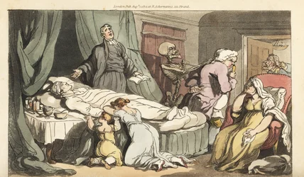 Der Tod kommt für den Doktor, während der Priester über den toten Körper eines guten Mannes betet, der von seiner Frau und seinem Kind betrauert wird. Handkolorierte Kupferstichzeichnung und -gravur von Thomas Rowlandson aus The English Dance of Death, Ack