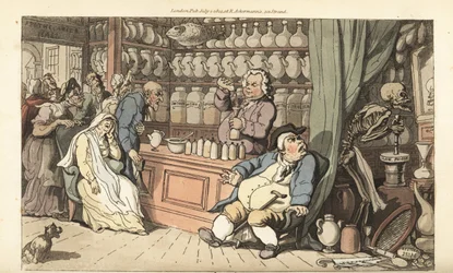 Das Skelett des Todes mahlt langsames Gift in der Werkstatt des Quacksalbers, während der Quacksalber ein tödliches Mittel in eine Flasche gießt. Handkolorierte Kupferstichzeichnung und -gravur von Thomas Rowlandson