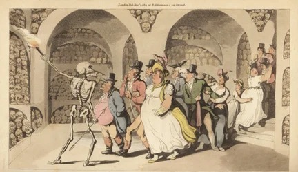 Das Skelett des Todes führt eine Gruppe von Touristen durch die Katakomben in Paris. Handkolorierte Kupferstichzeichnung und -gravur von Thomas Rowlandson