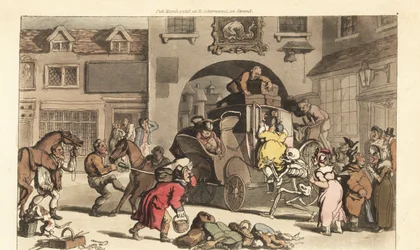Der Skeletttod hilft einer großen Matrone auf die tödliche letzte Bühne. Handkolorierte Kupferplatte gezeichnet und graviert von Thomas Rowlandson aus The English Dance of Death, Ackermann, London