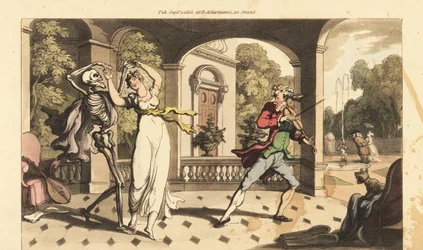 Das Skelett des Todes in einem Umhang tanzt einen letzten Walzer mit der zerbrechlichen Caelia, während ihr Tanzlehrer entsetzt zusieht. Handkolorierte Kupferplatte gezeichnet und graviert von Thomas Rowlandson aus „The English Dance of Death“, Ackermann, 