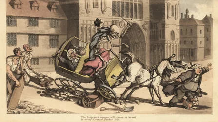 Das Skelett des Todes in Mantel und Mütze fährt eine zweispännige Kutsche, die in Straßenarbeiten stürzt und seinen Passagier, einen Gerichtsbeamten, tötet. Handkolorierte Kupferstichzeichnung und -gravur von Thomas Rowlandson aus The English Dance of Deat