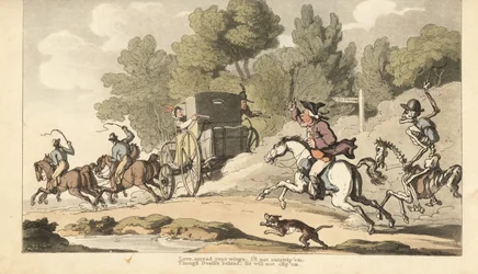 Der Tod begleitet einen wütenden Vater, der versucht, seine einzige Tochter daran zu hindern, mit einem Soldaten in einer Postkutsche nach Gretna Green durchzubrennen. Handkolorierte Kupferplatte gezeichnet und graviert von Thomas Rowlandson aus The Englis