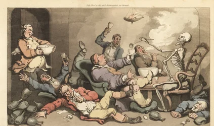 Der Skelett des Todes schöpft Punsch in ein Glas eines Toastmasters mit Gicht bei einer ausgelassenen georgianischen Trinkparty. Handkolorierte Kupferplatte gezeichnet und graviert von Thomas Rowlandson aus The English Dance of Death, Ackermann, London