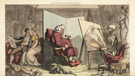 Der Tod malt ein Porträt eines Stadtrats, während seine junge Dienerin hinter dem Paravent mit einem galanten Künstler flirtet. Handkolorierte Kupferplatte gezeichnet und graviert von Thomas Rowlandson aus The English Dance of Death, Ackermann, London