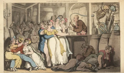 Der Skeletttod gießt Vitriol und Aqua Fortis in die Fässer in einer Dram-Bar (Gin-Bar). Mehrere Schönheiten trinken an der Bar, während seine Opfer tot neben den Fässern liegen. Handkolorierte Kupferplatte gezeichnet und graviert von Thomas Rowlandson