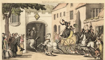 Der Tod reitet vor einem hohen Tandem, das den nächsten Erben zu seinem Untergang unter einem niedrigen Bogen führt. Handkolorierte Kupferplatte gezeichnet und graviert von Thomas Rowlandson aus The English Dance of Death, Ackermann, London