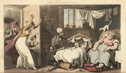 Der Skelett des Todes wiegt die Wiege eines Babys, während die Nanny schläft und die verzweifelte Mutter nach Hause kommt. Handkolorierte Kupferplatte gezeichnet und graviert von Thomas Rowlandson aus The English Dance of Death, Ackermann, London