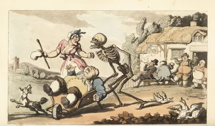 Der Tod nimmt den betrunkenen Säufer in einer Schubkarre mit, während andere Betrunkene vor dem Gasthaus The Goat feiern. Handkolorierte Kupferplatte, gezeichnet und graviert von Thomas Rowlandson aus The English Dance of Death, Ackermann, London