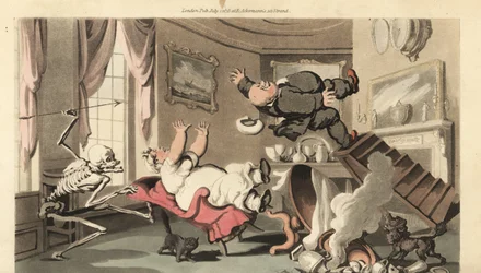 Der Tod wirft seinen Pfeil auf einen Mann, der von einer Treppe fällt, während er eine Uhr über dem Kamin aufzieht. Er fällt auf seine Frau in einem Stuhl (Handkolorierte Kupferstich von Thomas Rowlandson)