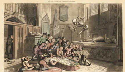 Das Skelett des Todes beobachtet Antiquitätenhändler, die die Leiche eines Königs aus einer Krypta in einer Kirche exhumieren. Handkolorierte Kupferplatte gezeichnet und graviert von Thomas Rowlandson aus „The English Dance of Death“, Ackermann, London