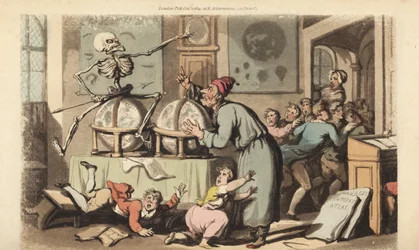 Das Skelett des Todes mit seiner Lanze holt einen Schulmeister, während er Astronomie unterrichtet, und die Kinder in Panik fliehen. Handkolorierte Kupferstichzeichnung und -gravur von Thomas Rowlandson