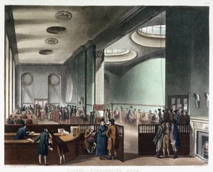 Der Versicherungsraum von Lloyd of London, einer Versicherungsgesellschaft, die im 17. Jahrhundert im Kaffeehaus von Edward Lloyd (gestorben 1713) in der Tower Street in London, England, zu handeln begann
