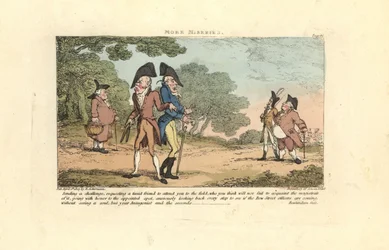 Zwei Regency-Gentlemen kurz vor einem Duell mit Pistolen