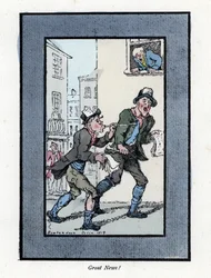 Zwei Zeitungsverkäufer mit langen Pfeifen verkaufen Zeitungen in einer Londoner Straße. Holzstich nach einem Gemälde von Thomas Rowlandson, veröffentlicht in 