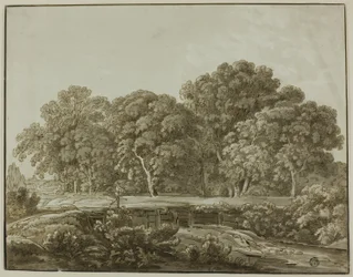 Landschaft mit Figur, die eine Brücke über einen Bach überquert