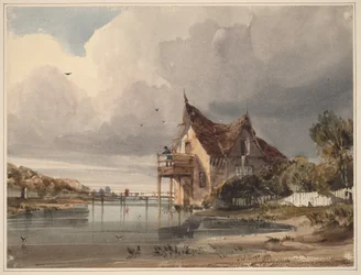 Ein Fluss und ein Landhaus mit weißem Lattenzaun