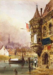 Eine Figur neben einem Gebäude in Gent, mit Lastkähnen auf der Leye, 1833