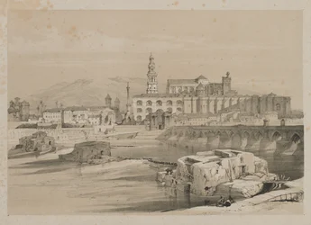Malerische Skizzen in Spanien: Überreste einer römischen Brücke am Guadalquivir, Cordova, 1837