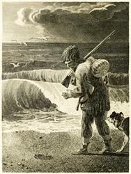 „Robinson Crusoe entdeckt den Fußabdruck eines Menschen“ aus „Das Leben und die seltsamen überraschenden Abenteuer des Robinson Crusoe aus York, Seefahrer“ von Daniel Defoe