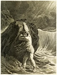 Robinson Crusoe Schiffbruch und klammert sich an einen Felsen aus 