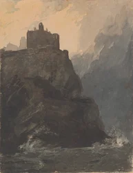 Schloss auf einer Klippe, mit stürmischer See und Schiffswrack am Fuß der Klippe