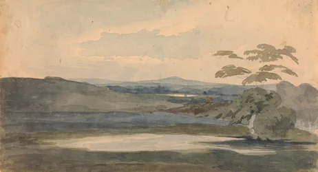 Landschaft mit Bäumen und Bergen, See im Vordergrund