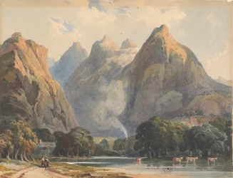 Bergszene mit Bach, Kühen und Figuren