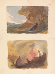Zwei Zeichnungen auf einem Blatt: Landschaft mit Figur, die sich gegen einen Hügel lehnt - Tizian und Venezianische Schule (Nr. 7); Landschaft - Verschiedene Aquarellwäschen (Nr. 8)
