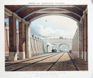 Ansicht von unter der Hampstead Road Bridge, Blick auf den Bahnhof am Euston Square, 1837