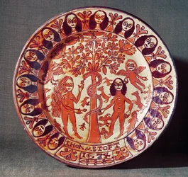 Adam und Eva Schlickerware Teller, Nord-Staffordshire, 1674