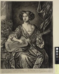 Dame spielt Gitarre, "Madame Davis"; nach Sir Peter Lelys gemaltem Porträt von Mary Davies in der Sammlung des Earl of Bradford, ca. 1674