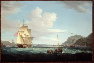 Eine britische Fregatte mit einem Langboot vor der Landzunge von Gallows Hill, Broad Bay, Isle of Lewis, Hebriden