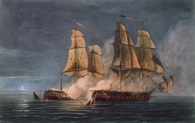 Eroberung der Thetis durch die HMS Amethyst, 10. November 1808, graviert von T. Sutherland für 