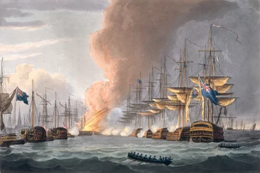 Zerstörung der dänischen Flotte vor Kopenhagen, 2. April 1801, graviert von Thomas Sutherland für J. Jenkins