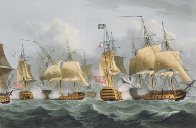 Lord Howe in der Queen Charlotte, durchbricht die feindliche Linie, 29. Mai 1794, graviert von Thomas Sutherland für J. Jenkins