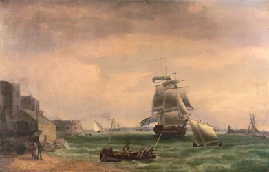 Kriegsschiffe und kleine Boote im Hafen von Portsmouth, spätes 18. oder frühes 19. Jahrhundert