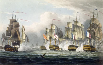 Die Lage der HMS Bellerophon nach dem Tod ihres Kommandanten, Kapitän Cooke, in der Schlacht von Trafalgar am 21. Oktober 1805, gestochen von T. Sutherland für „The Naval Chronology of Great Britain“