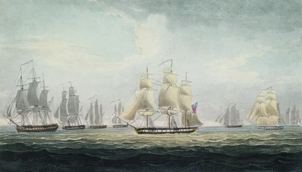 Das Marine-Manöver von Sir Graham Moore, Kommandant des Geschwaders von vier Fregatten der britischen Royal Navy, das am 5. Oktober vor Cádiz, Spanien, eine spanische Schatzflotte eroberte