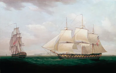 Zwei Ostindienfahrer vor einer Küste, Thomas Whitcombe, ca. 1850