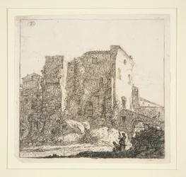 Landschaft mit Ruinen und einem Fischer